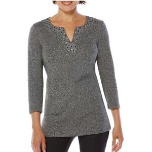 Rafaella Heather Gray Rhinestone Embellished V-neck Tunic Top 3/4 Sleeve Size L
